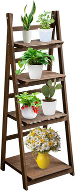 Honest Foldable Plant Shelf,Plant Stand,Indoor Flower Pot Holder,Flower Pot Ladder,Folding A Frame Display Shelf,Patio Rustic Wood Stand with Shelves,4 Tier Stand Outdoor,Free Standing(Brown)