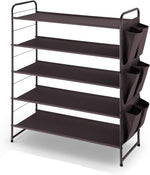 5-Tier Stackable and Expandable Shoe Rack with Side 6 Shoes Pockets, Bronze