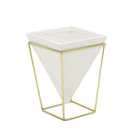 Purzest Modern Indoor Desktop Planter Vase,Ceramic Planter with Metal Stand(White + Gold)