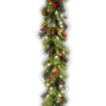 National Tree 9 Foot by 10 Inch Crestwood Spruce Garland with Silver Bristle, Cones, Red Berries and 50 Clear Lights (CW7-306-9A-1)