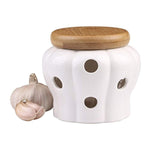 White Stoneware Garlic Keeper with Bamboo Lid and 12 Air Vent