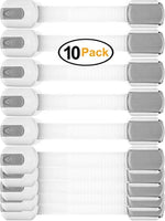 Child Safety Locks -VALUE PACK (10 Straps)- No Tools or Drilling -Adjustable Size/Flexible -Adhesive Furniture Latches For Baby Proofing Cabinets, Drawers, Appliances, Toilet Seat, Fridge, Oven & More