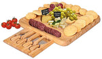 Multi-functional Cheese Board, Serving Tray for Wine, Crackers, Brie and Meat and 4 Stainless Steel Forks, Hidden Slide-out Drawer Beautiful Party Utensils (13" x 13" x 2")