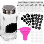 Spice Jars Bottles - 14 Square Glass Containers (4 oz) with 60 Chalkboard Labels, Chalk Marker, Stainless Steel Lid, Shaker Insert Tops and Wide Funnel - Complete Organizer Set