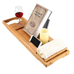 Bamboo Bathtub Caddy Tray with Extending Sides Mug/Wineglass/Smartphone Holder, Metal Frame Book/Pad/Tablet Holder with Waterproof Cloth Detachable Sliding Tray Non-Slip Rubber Base by LANGRIA