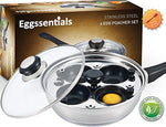 Eggssentials Poached Egg Maker - Nonstick 4 Egg Poaching Cups - Stainless Steel Egg Poacher Pan FDA Certified Food Grade Safe PFOA Free With Bonus Spatula