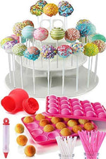 COMPLETE CAKE POP MAKER KIT - Jam packed with silicone cakepop baking mold, 200 lollipop sticks, candy and chocolate melting pot, decorating pen, bags, twist ties & 3-Tier display stand holder by Cakes of Eden