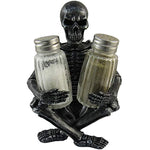 Scary Skeleton Glass Salt and Pepper Shaker Set with Decorative Spice Rack Display Stand Holder Figurine for Spooky Halloween Party Decorations and Skulls & Skeletons Kitchen Decor Table Centerpiece Sculptures As Medieval or Gothic Gifts