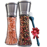 Salt and Pepper Grinder Set of 2 - Tall Salt and Pepper Shakers with Adjustable Coarseness by Ceramic Rotor - Stainless Steel Pepper Mill Shaker and Salt Grinders Mills Set with FREE Cleaning Brush