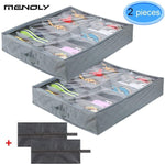 MENOLY 12 Pairs Under Bed Shoe Organizer 2 Pack, Underbed Shoes Storage Boxes Drawer Dividers Shoe Storage Container (Gray) with 2 Pack Black Travel Shoe Bags