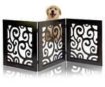 Safety Pet Gate for Dogs - Free-Standing & Foldable - Decorative Scroll Wooden Fence Barrier - Stairs & Doorways