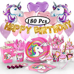 180+ PCS Complete Unicorn Party Supplies & Decorations - Glittery Unicorn Headband | Disposable Tableware Set | 30 Magical Balloons | 24 Pc Unicorn Cupcake Wrappers & Toppers | Party Favors