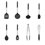 cooking Utensils - 8 Kitchen Utensils, Silicone & Stainless Steel Set- Serving Tongs, Spoon, Spatula Tools, Pasta Server, Ladle, Strainer, Whisk. Rice & Potato servers