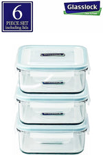 Glasslock Food-Storage Container with Locking Lids, Oven and Microvave Safe, Square, 17oz, 6 piece set Including Lids