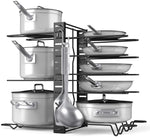 Pot Rack Organizer-Adjustable 8+ Pots and Pans Oragnizer, Kitchen Counter and Cabinet Pot Lid Holder with 3 DIY Methods (6 Hooks Included)