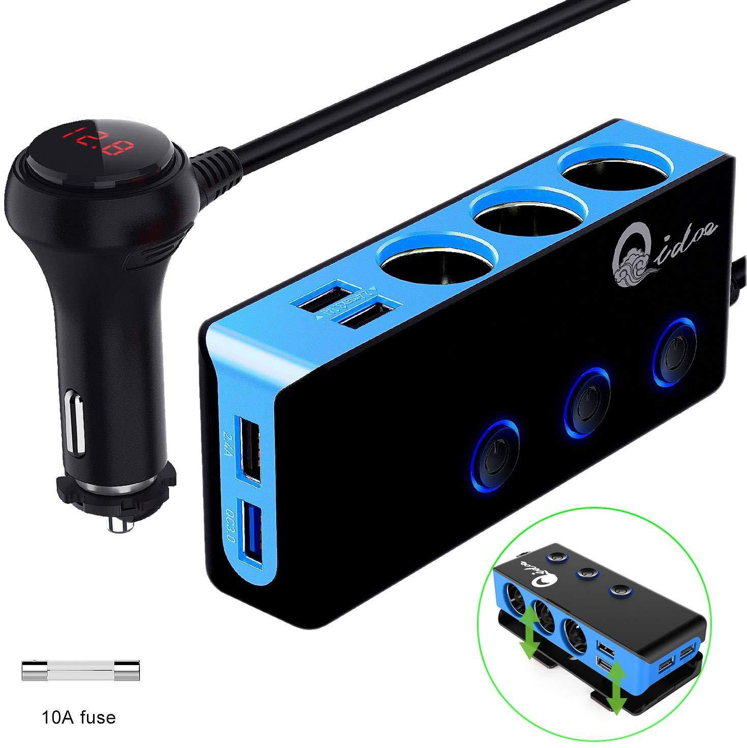 Upgraded Version] Quick Charge 3.0 Cigarette Lighter Splitter, Qidoe 12V/24V  3-Socket 120W DC Power Car Adapter with LED Voltme