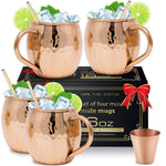 Moscow Mule Copper Mugs with 4 Straws and Shot Glass - Set of 4 HandCrafted Food Safe Pure Solid Copper Mugs - Bonus Highest Quality Copper Shot Glass and 4 Copper Straws - Attractive Box